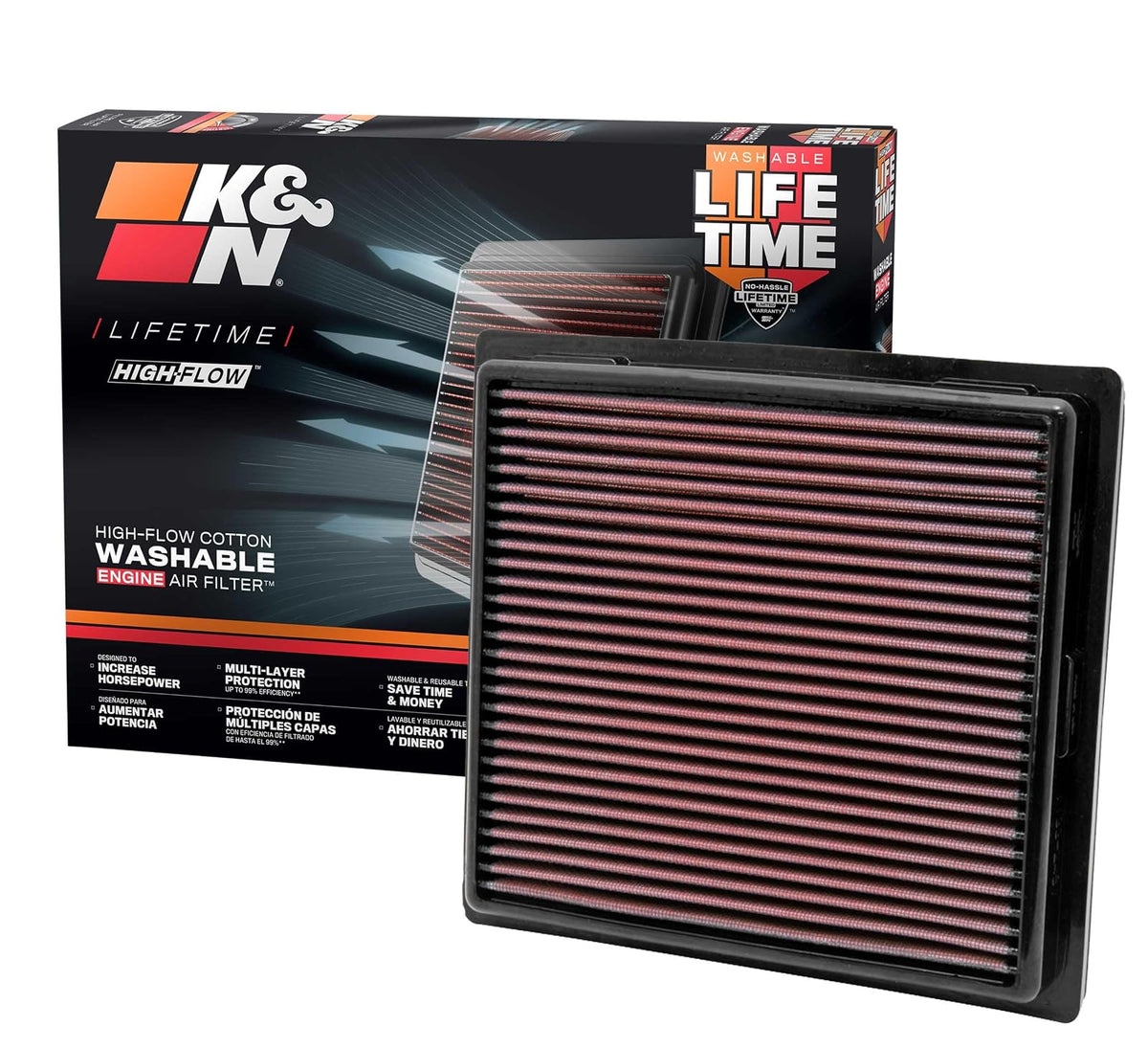 K&N Filtro de aire del motor: aumenta la potencia y el remolque, lavable, de alta calidad, filtro de aire de repuesto: compatible con Jeep/Dodge SUV V6/V8 (Grand Cherokee, Durango), 33-2457