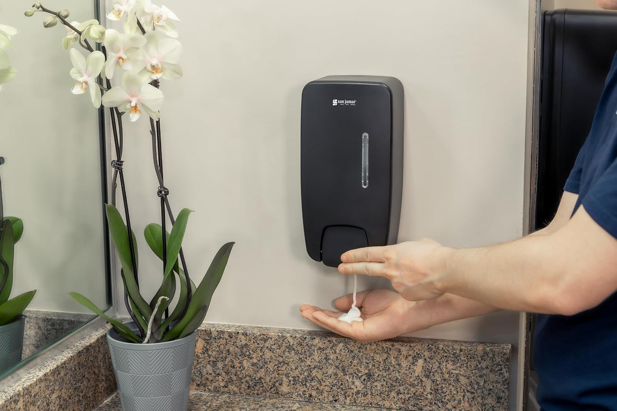 San Jamar Timeless Dispensador de jabón de Espuma Manual, Negro, Compatible con jabón Universal a Granel, Montaje en Pared, con Ventana de visualización