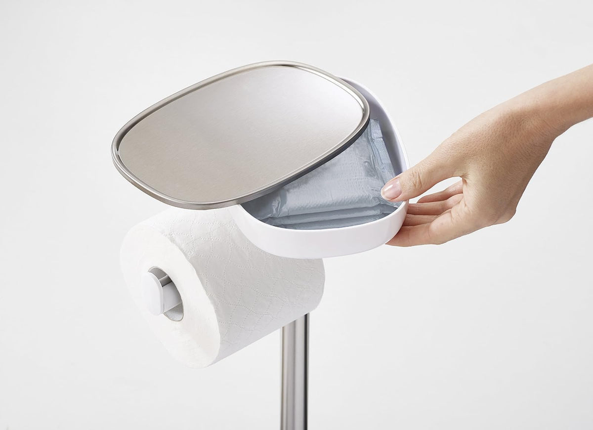 Joseph Joseph 70519 EasyStore Soporte para Papel higiénico y Cepillo de Inodoro Flexible con Estante y cajón, Acero Inoxidable