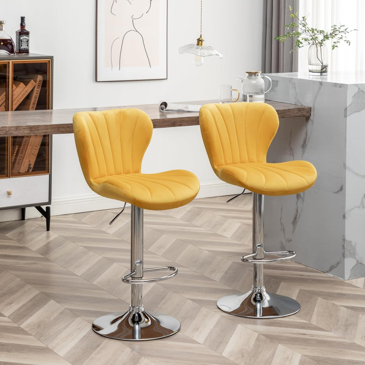 Roundhill Furniture Ellston - Taburetes giratorios de Terciopelo Ajustables en Amarillo, Juego de 2