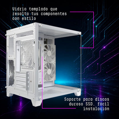 Gabinete Gamer M-ATX/M-ITX Micro Tower Blanco con 3 Ventiladores ARGB Vidrio Templado CXi2 Xzeal