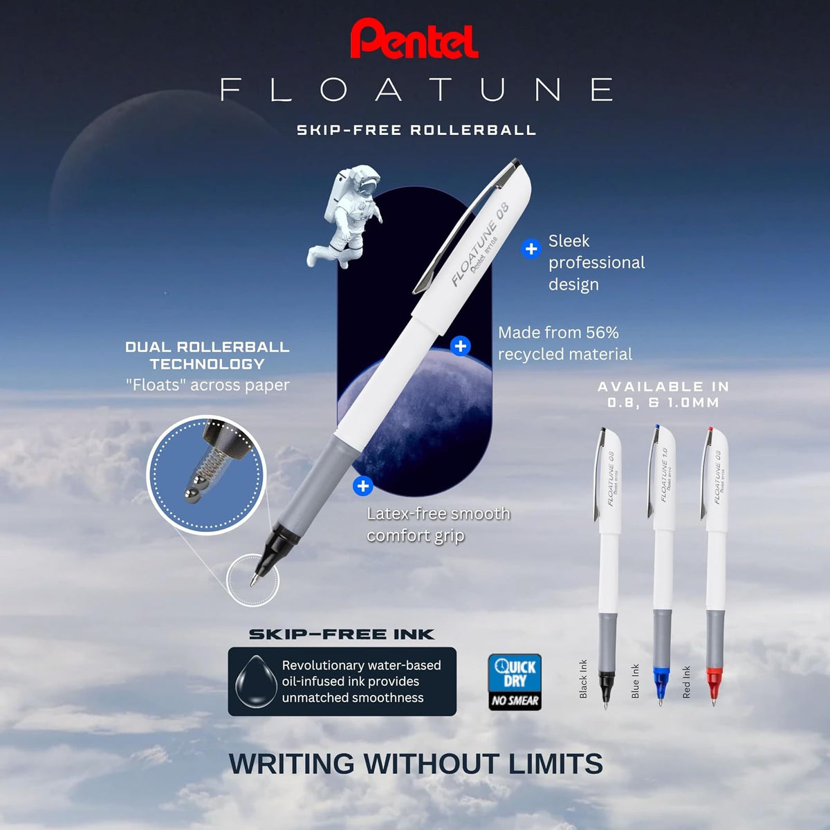 Pentel Floatune Rollerball, punta media de 0,8 mm, tinta azul, paquete de 8 bolígrafos (BY108PF8C)