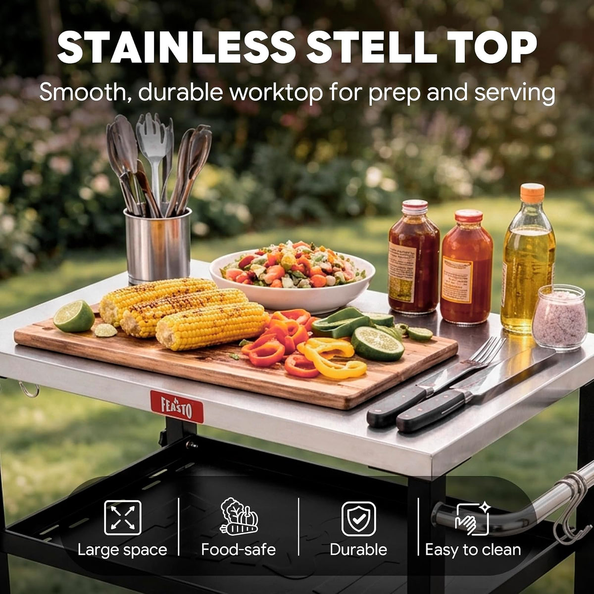 Feasto - Mesa de parrilla de 3 estantes, soporte para horno de pizza con estante ajustable, carro de parrilla móvil, para exterior, carrito de bar al aire última intervensión con ruedas, mesa de acero