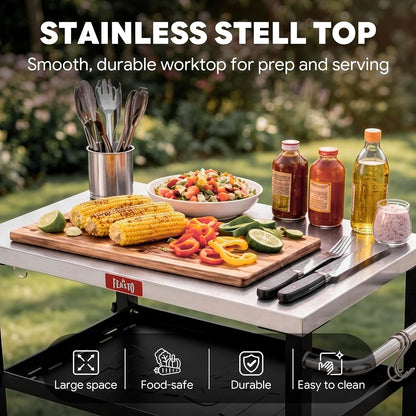 Feasto - Mesa de parrilla de 3 estantes, soporte para horno de pizza con estante ajustable, carro de parrilla móvil, para exterior, carrito de bar al aire última intervensión con ruedas, mesa de acero