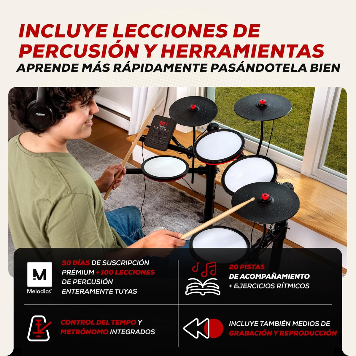 Alesis Turbo Max Batería Electrónica | Compacta, Plegable, Pads de Malla Silenciosos, Toms de 8", Platillos de 8", Bluetooth, Banqueta, Audífonos, Baquetas