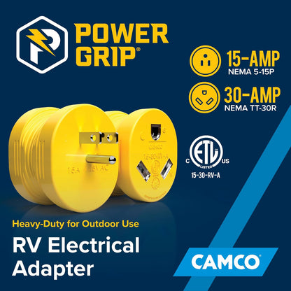 Camco PowerGrip - Adaptador para Autocaravana - Cuenta con una conexión Macho de 15 amperios (NEMA 5-15P) y Hembra de 30 amperios (NEMA TT-30R), Nominal para 125V/1875W (55223)