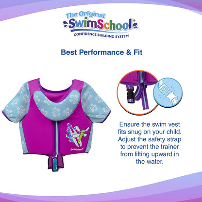 Swimschool - Entrenador de natación, talla pequeña/mediana, chaleco de natación con mangas para los hombros, correa de seguridad ajustable y cuello extraíble para la barbilla, rosa y aguamarina