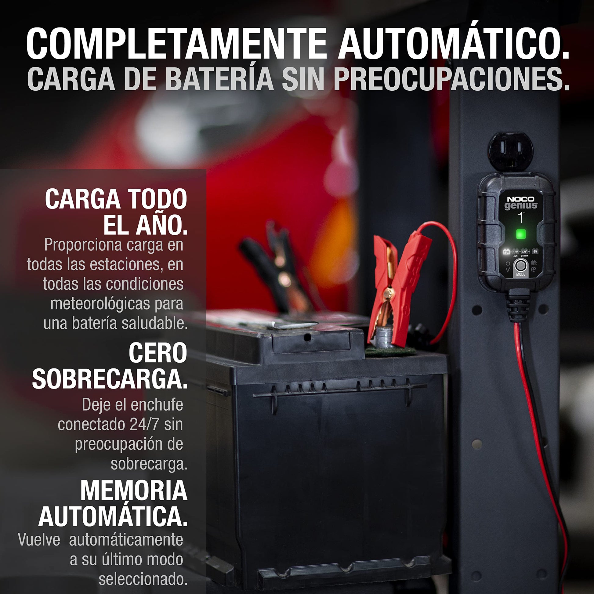 NOCO GENIUS1: Cargador de batería Inteligente 6V/12V 1A – Mantenedor automático, Cargador Lento y desulfatador con protección contra sobrecarga y compensación térmica – para baterías Plomo y Litio