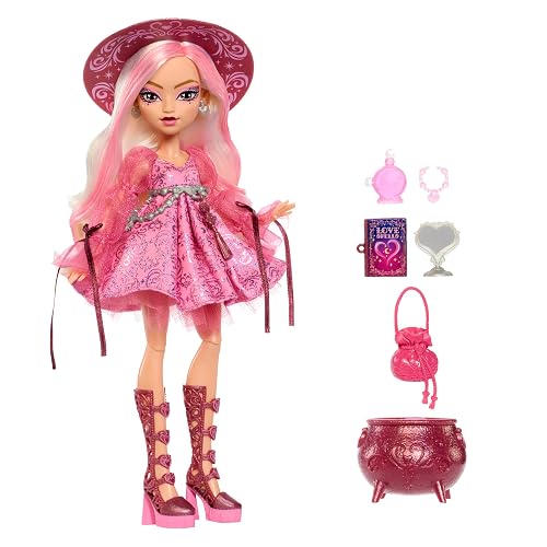 Monster High Muñeca Moonspell Magic Carina Song 4Y+ | Bruja del amor en vestido rosa con caldero sorpresa y accesorios: espejo, sombrero y libro de hechizos, JNM26
