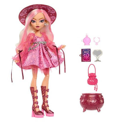 Monster High Muñeca Moonspell Magic Carina Song 4Y+ | Bruja del amor en vestido rosa con caldero sorpresa y accesorios: espejo, sombrero y libro de hechizos, JNM26