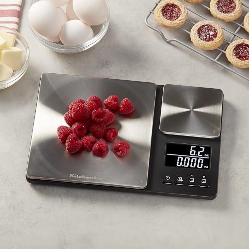 KitchenAid KQ909 Báscula digital de doble plataforma para cocina y alimentos, capacidad de 11 libras y capacidad de precisión de 16 onzas, color negro con acero inoxidable