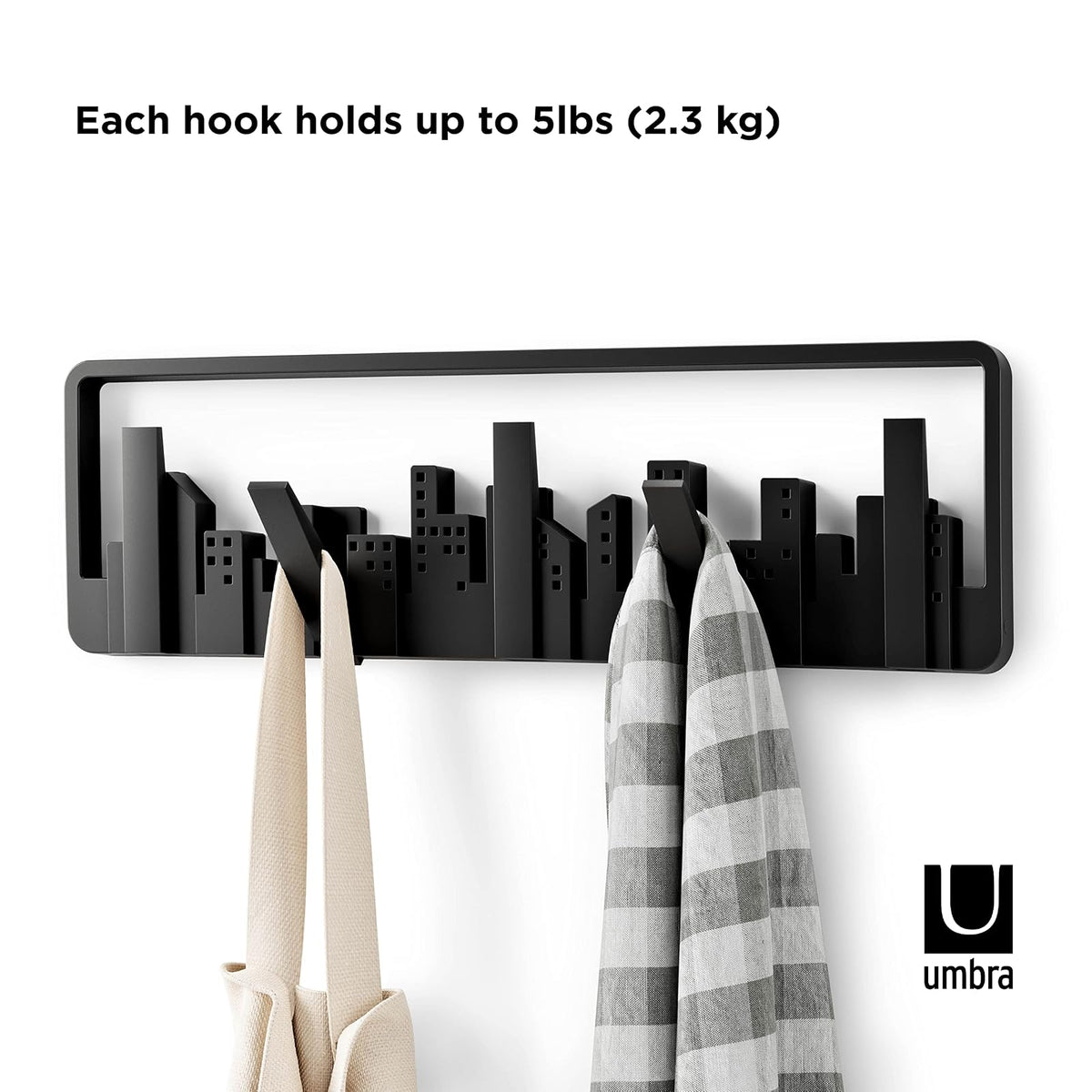 Umbra Skyline Perchero Decorativo de Pared con 5 Ganchos Retráctiles para Colgar Bolsas y Abrigos, Negro