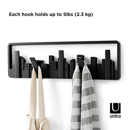 Umbra Skyline Perchero Decorativo de Pared con 5 Ganchos Retráctiles para Colgar Bolsas y Abrigos, Negro
