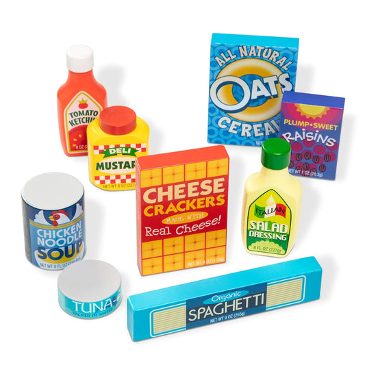 Melissa & Doug Juego de alimentos de la despensa, alimentos de madera para juego, juego de imitación, madera pintada a mano, construcción resistente, 9 piezas, 33.274 cm alto x 27.051 cm ancho x 6.223 cm largo