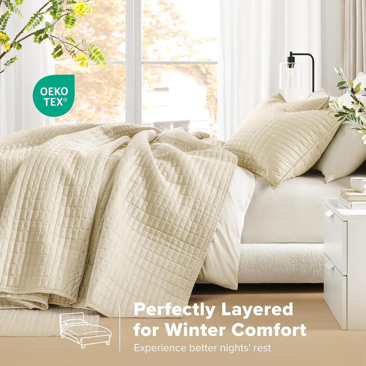Comfort Spaces - Edredón Queen para todas las estaciones, colcha de color marfil con diseño de costura de doble cara, manta de verano suave a juego, colcha de la colección Kienna (102 x 118 pulgadas),