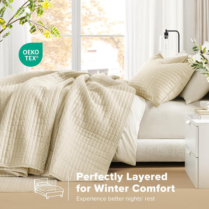 Comfort Spaces - Edredón Queen para todas las estaciones, colcha de color marfil con diseño de costura de doble cara, manta de verano suave a juego, colcha de la colección Kienna (102 x 118 pulgadas),
