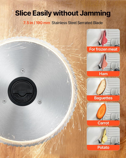 VEVOR Rebanadora de carne, cortadora eléctrica de fiambres de 7.5 pulgadas y 200 W con cuchilla SUS420, grosor ajustable de 0 a 0.6 pulgadas, con certificación ETL para carne, jamón, baguett y filete.