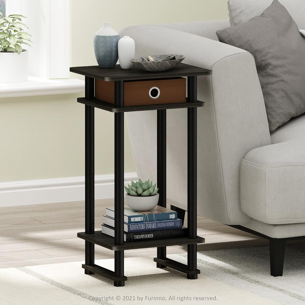 Furinno Turn-N-Tube Mesa Auxiliar de 3 Niveles con Contenedor de Almacenamiento, Espresso