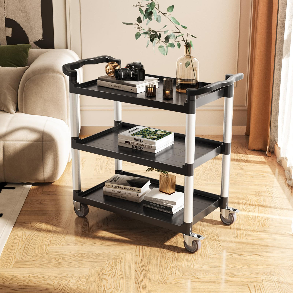 VEVOR Carro utilitario, Capacidad de Carga de 300 Libras, Carro de plástico utilitario de 3 Niveles con Ruedas giratorias de 360° (2 con Frenos), Carrito de Servicio de Alimentos de 24.5 x 16.1