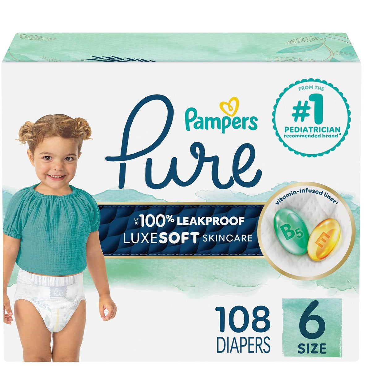 Size 6, 108 Count - Pampers Pure Disposable Baby Diapers, Hypoallergenic and Fragrance Free Protection, ONE MONTH SUPPLY