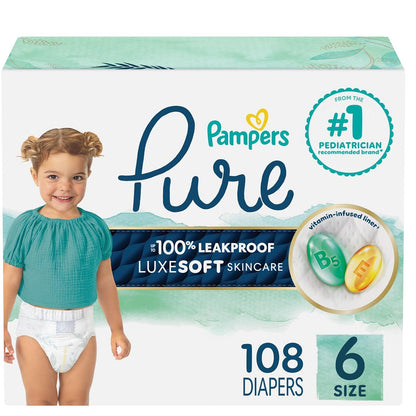 Size 6, 108 Count - Pampers Pure Disposable Baby Diapers, Hypoallergenic and Fragrance Free Protection, ONE MONTH SUPPLY