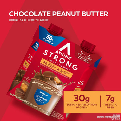 Atkins Strong Shakes Sabor Chocolate con Cacahuate | 30g de Proteína | Bebida RTD | Pack de 12 Piezas (325ml c/u)