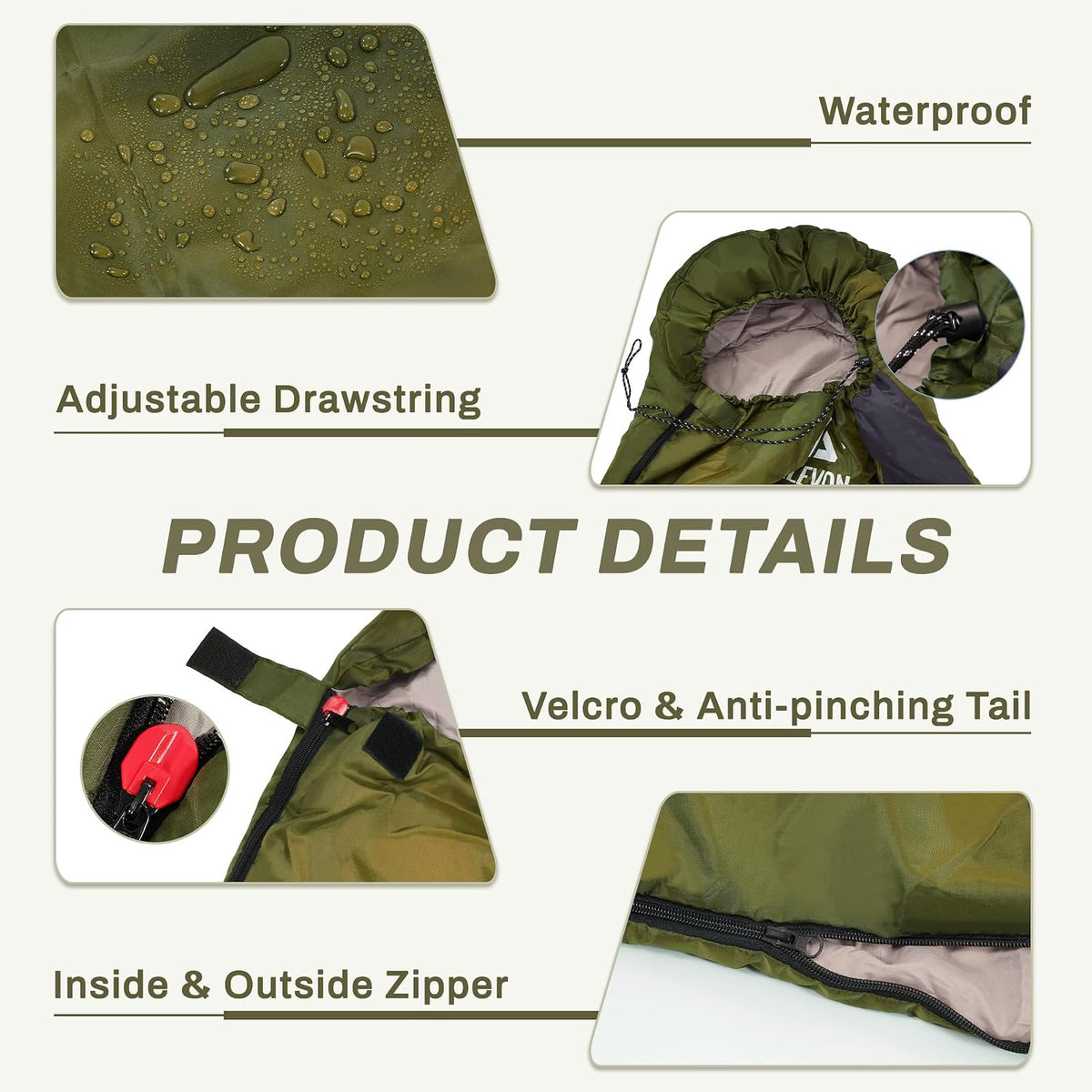 Elevon - Saco de Dormir para Adultos, Adolescentes, niños, Clima frío y cálido, portátil, Impermeable y Ligero, Compacto con Saco de compresión, para 3 a 4 Estaciones de Camping, mochileros,