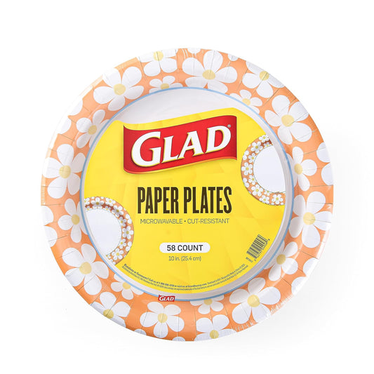 Glad Everyday - Platos de papel desechables redondos con diseño de margaritas ranuradas, resistentes a los cortes, platos de papel microondas para todos los alimentos y uso diario, 10 pulgadas, 58