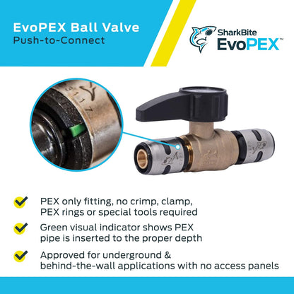 SharkBite Válvula de bola EvoPEX de 1/2 pulgada, empuje para conectar el ajuste de fontanería, PEX, K2222Z