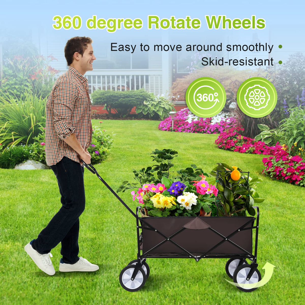 YSSOA - Carro Plegable para jardín, con Ruedas giratorias de 360 Grados y Mango Ajustable, Capacidad de Peso de 200 Libras, Color café
