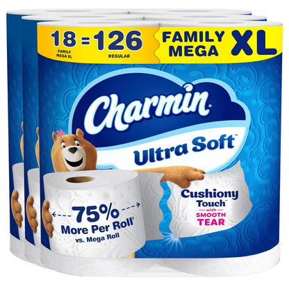 Charmin - Papel higiénico ultra suave, 18 rollos de familia Mega XL, 385 hojas por rollo