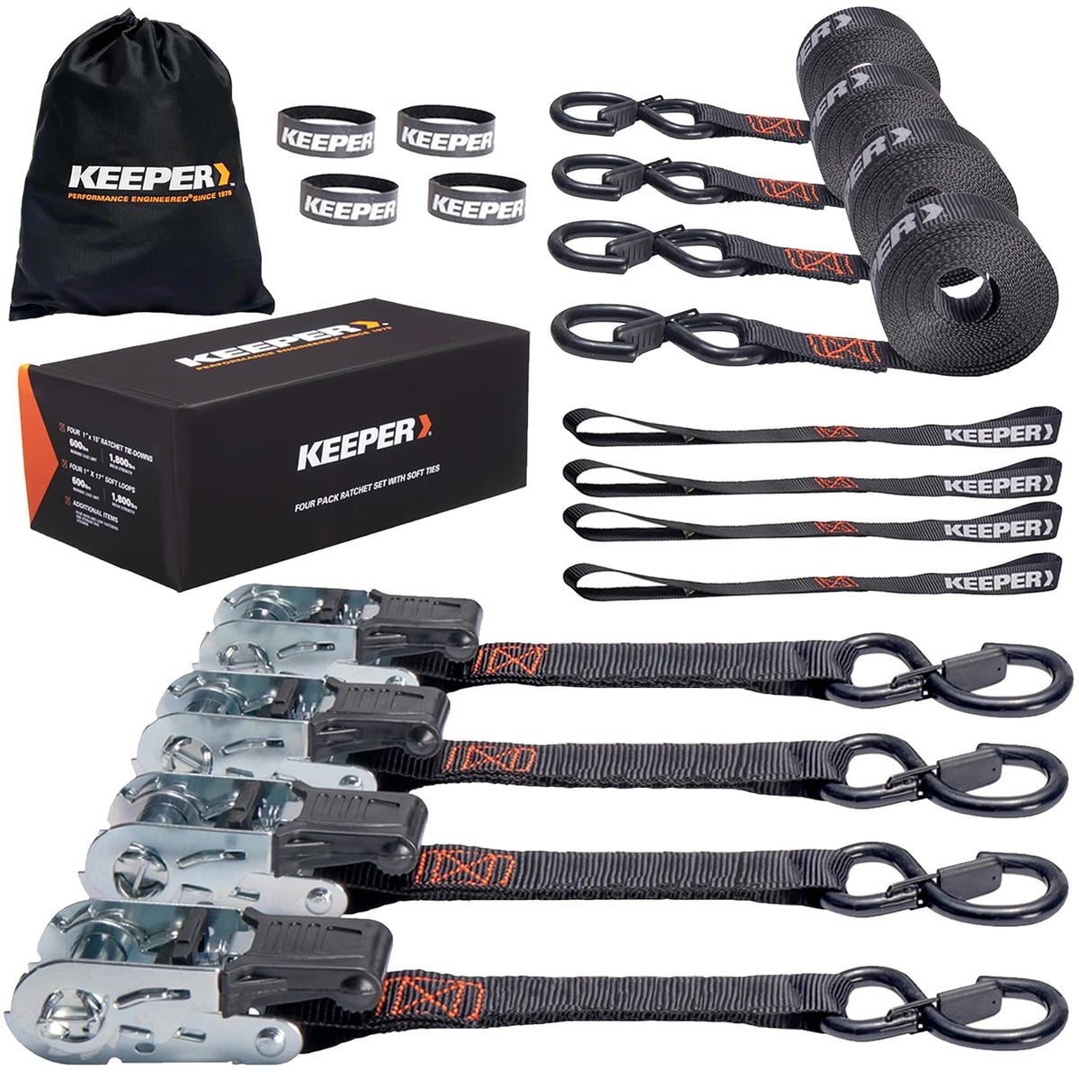 Keeper Kit de Correas de Amarre de carraca, Paquete de 4 – 1 Pulgada Correas de Carga Resistentes de 15 pies para Motocicleta, ATV, UTV y Movimiento – 1800 Libras de Resistencia a la Rotura – Incluye