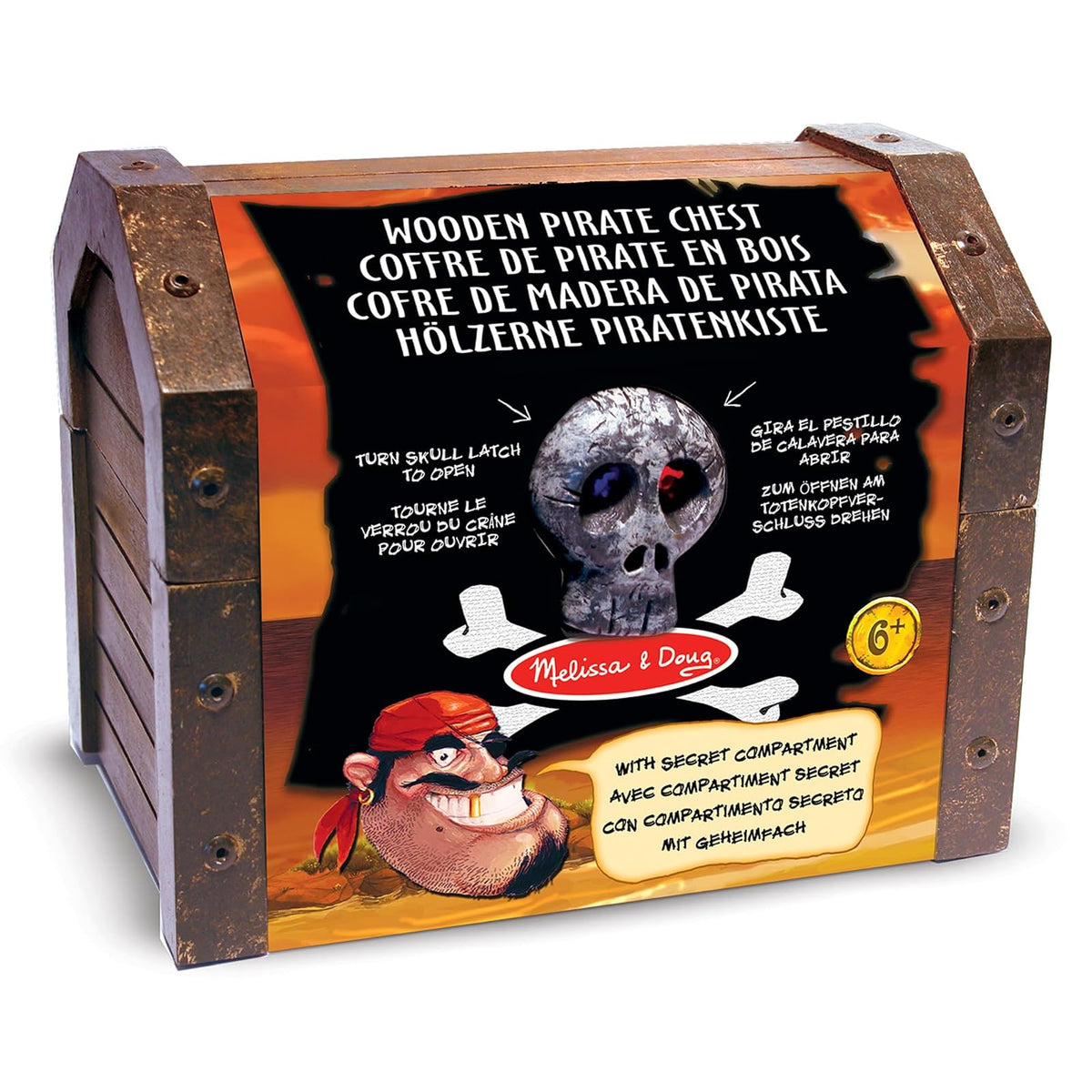 Melissa & Doug Cofre Pirata de Madera, Set de Cofre del Tesoro, Juego de Simulación, Accesorios para Disfraz de Pirata