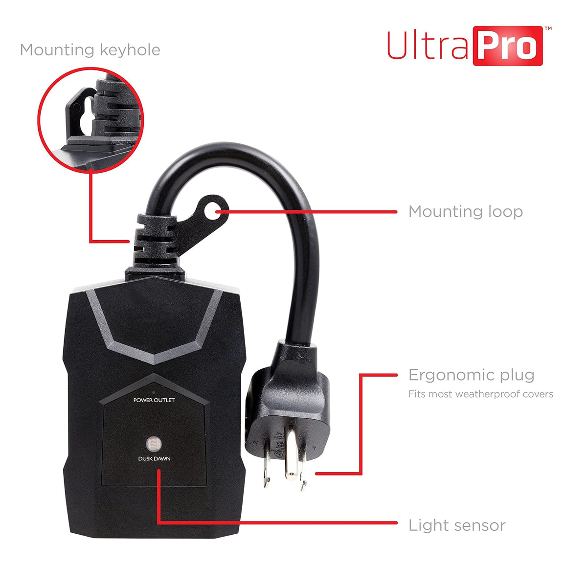 UltraPro Temporizador de luz para exteriores, del anochecer al amanecer, 1 toma de tierra, juego simple, decoración de temporada, iluminación exterior, resistente a la intemperie, funciona con bombillas LED, CFL, incandescentes y halógenas, paquete de 2, 