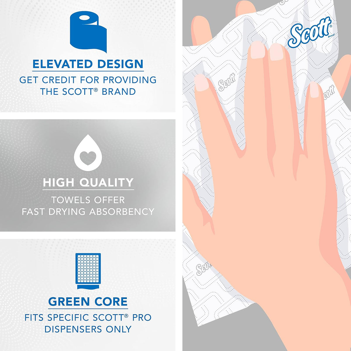 Scott Professional - Toallas de papel de rollo duro de alta capacidad, a granel (25700), enrolladas duras, diseño elevado, bolsillos de absorbencia, blanco, para dispensadores de núcleo verde