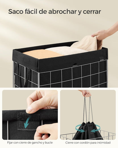 SONGMICS Cesto de Ropa Sucias Plegable con Bolsa Extraíble y Lavable, Marco de Acero, Capacidad 90L, 48x33x58 cm MLCB190B01