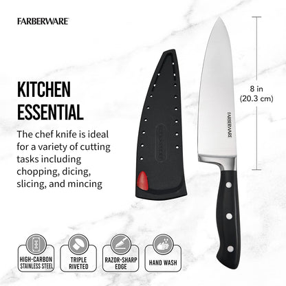 Farberware Edgekeeper Cuchillo de chef forjado triple remachado de 8 pulgadas con cubierta de hoja autoafilable, cuchillo de cocina de acero inoxidable de alto carbono con mango ergonómico, cuchillo