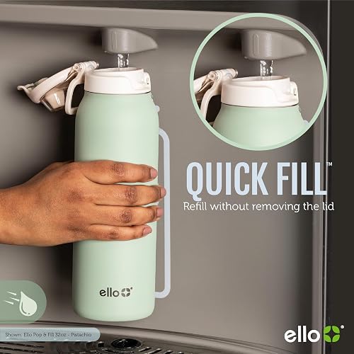 Ello Pop & Fill - Botella de agua de acero inoxidable, para beber o chug | Botella de agua aislada de acero inoxidable con tapa Quick Fill™, popote para sorbos, apertura de chug