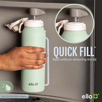 Ello Pop & Fill - Botella de agua de acero inoxidable, para beber o chug | Botella de agua aislada de acero inoxidable con tapa Quick Fill™, popote para sorbos, apertura de chug