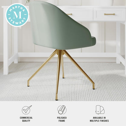 Martha Stewart Sora - Silla de Trabajo giratoria con Brazos Inclinados para Oficina en casa en Piel sintética Salvia con Marco de latón Pulido