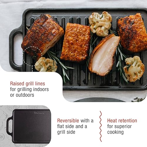 Victoria - Plancha rectangular reversible de hierro fundido para dos quemadores, sazonada con aceite de linaza con certificación 100% kosher sin OMG, 33 x 21 cm, color negro