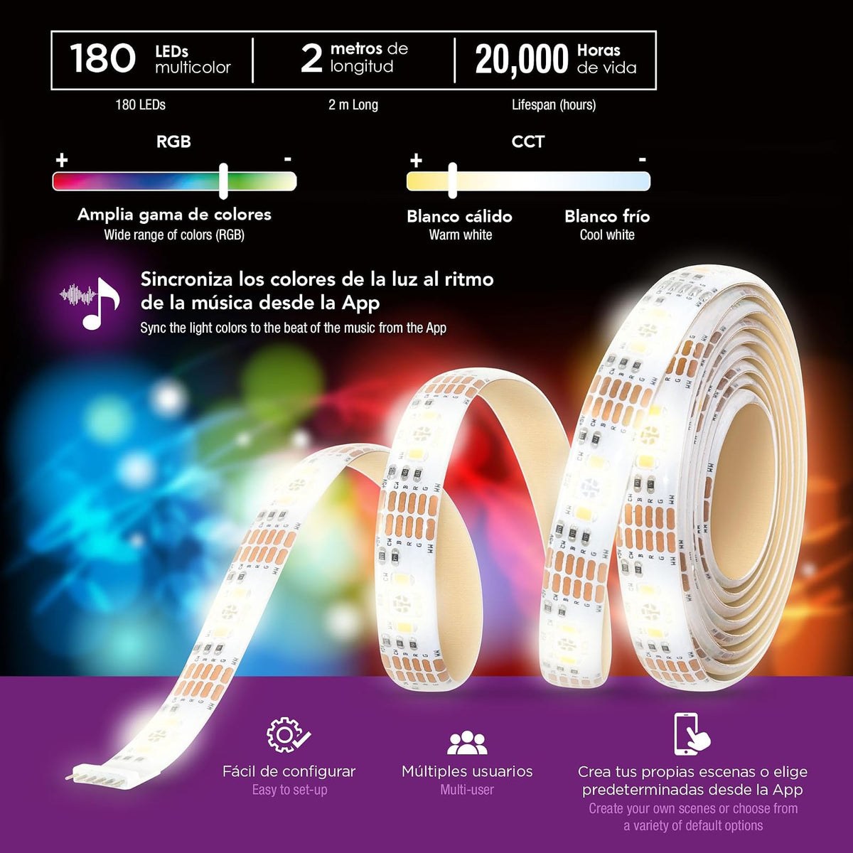 Lloyd's Tira LED 2m RGB Control por App y Voz compatible con Alexa y Google