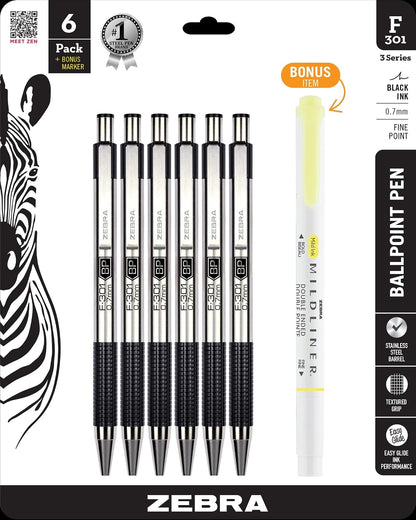Zebra Pen F-301 - Bolígrafo retráctil, barril de acero inoxidable, 0,7 mm, tinta negra, más resaltador amarillo Mildliner, punta de cincel, paquete de 6