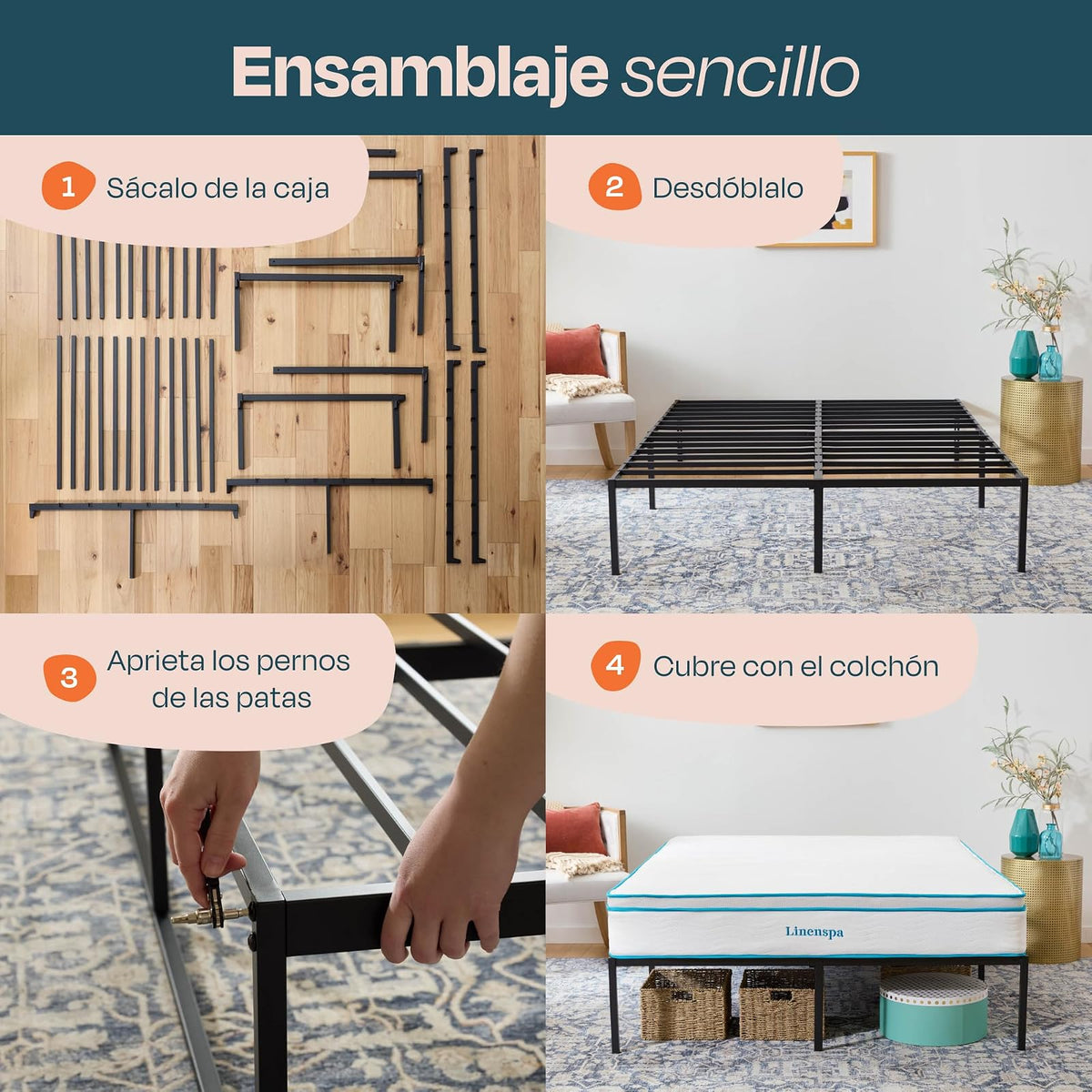 Linenspa - Base de Cama Metálica Reforzada Queen - Estructura de Acero con Láminas Metálicas - Almacenamiento Bajo Cama - Fácil de Armar Herramienta Incluida - Ideal para Cualquier Recámara