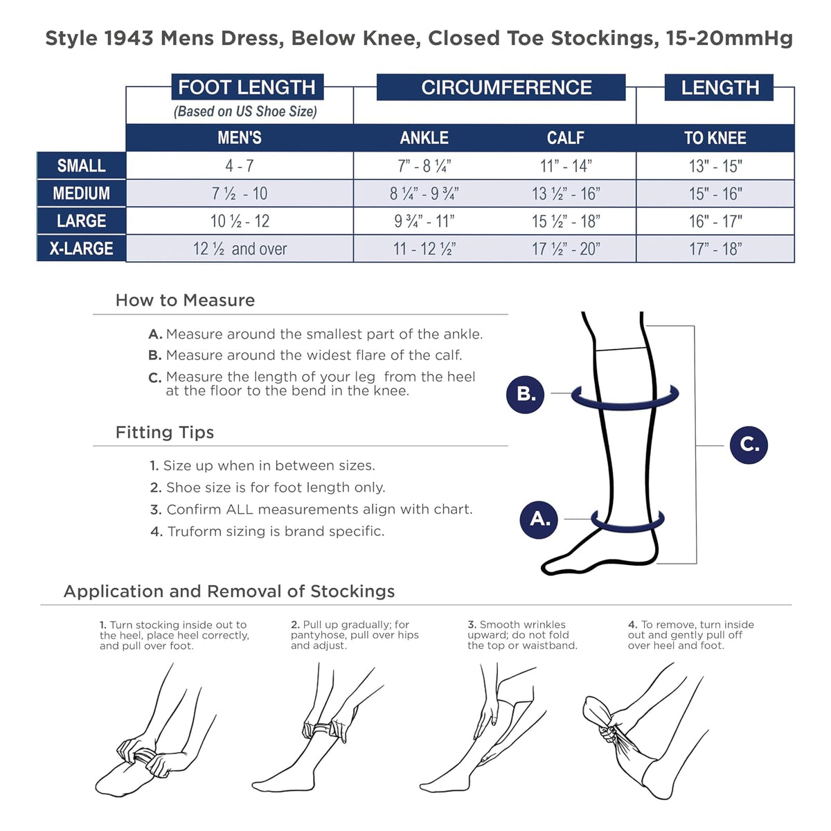 Truform Compression Socks, 15-20 Mmhg, Men's Dress Socks, Knee High Over Calf Length Navy, Pack of 1
