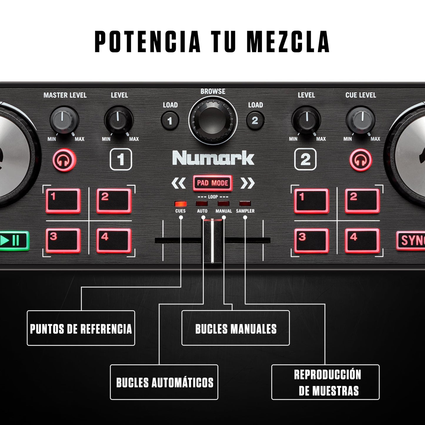 Numark DJ2GO2 Touch - Mini controlador DJ USB, 2 decks para Serato DJ con mezclador/crossfader, interfaz de audio y jog wheels de sensibilidad táctil