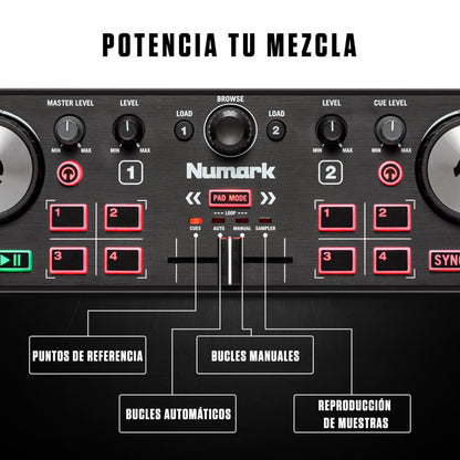 Numark DJ2GO2 Touch - Mini controlador DJ USB, 2 decks para Serato DJ con mezclador/crossfader, interfaz de audio y jog wheels de sensibilidad táctil