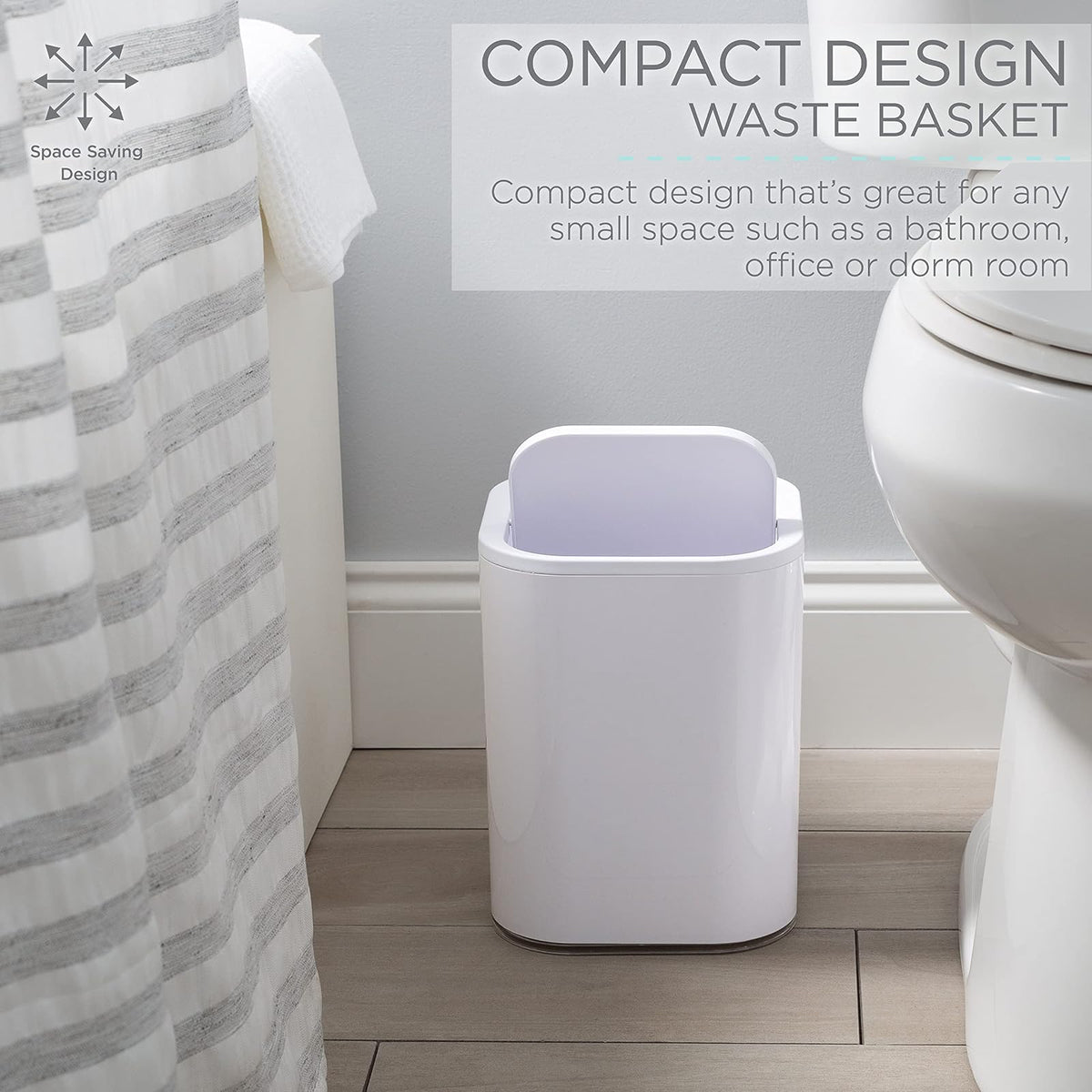 Bath Bliss Papelera acrílica de 8 litros | Tapa superior con peso | Bote de basura pequeño | Contenedor de basura | Diseño contemporáneo | Baño | recámara | Oficina | recámara | Blanco