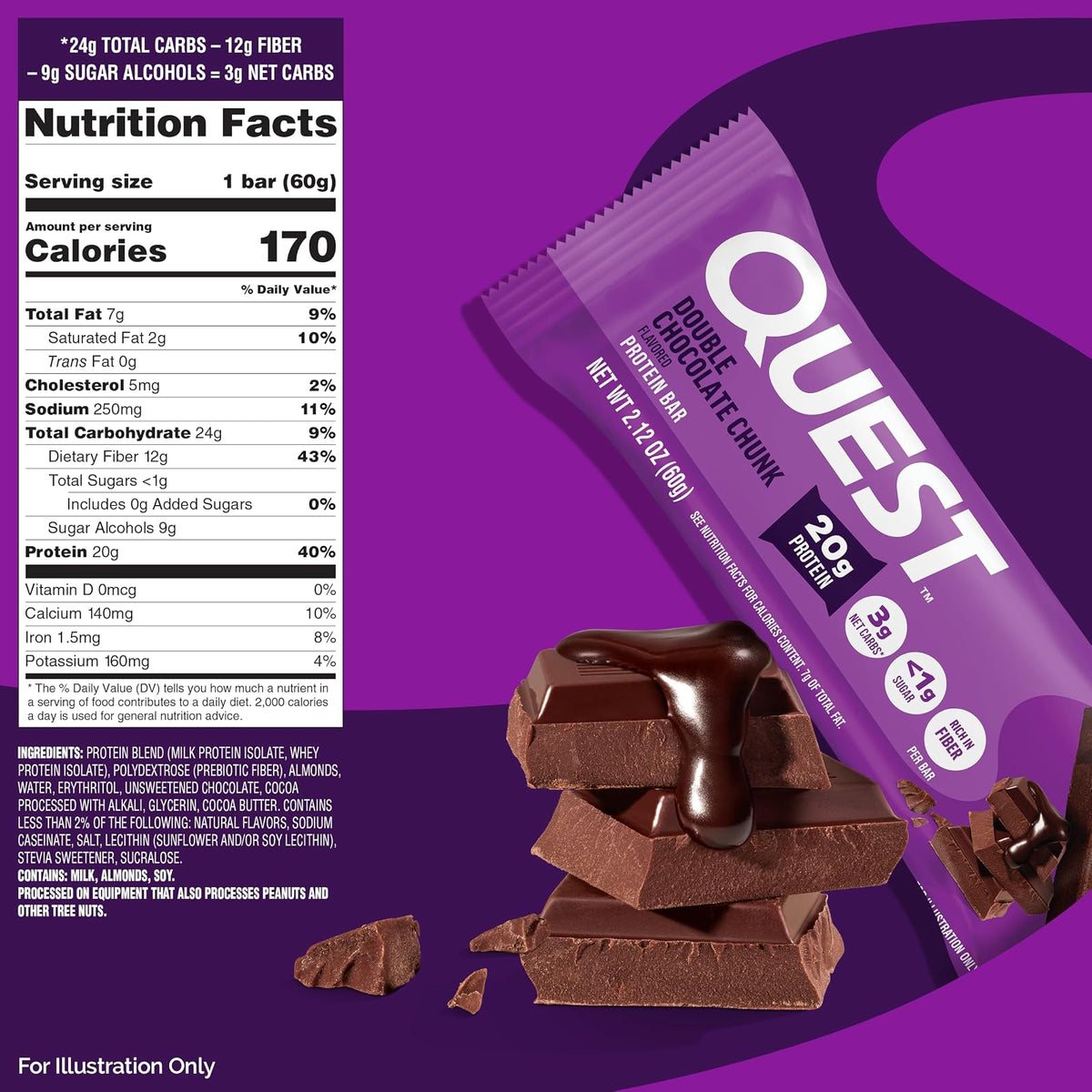Quest Nutrition Double Chocolate Chunk Protein Bar, High Protein, Low Carb, Gluten Free, Keto Friendly, 12 Count