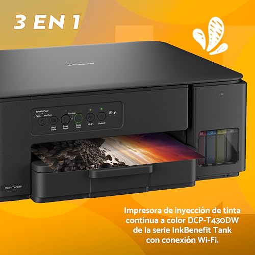 Brother Multifuncional InkBenefit Tank DCP-T430W, Tinta Continua, Wi-Fi | Tecnología InkBenefit Tank, Impresión Wi-Fi 5GHz, Tinta Recargable, Impresión 7,500 Págs. en Negro y 5,000 Págs. en Color